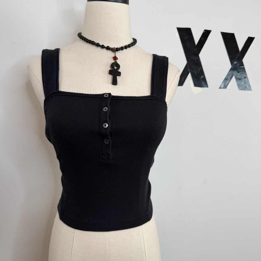 Vintage Y2K Abercrombie & Fitch Black Ribbed Henley Square Neck Crop Tank Top XS